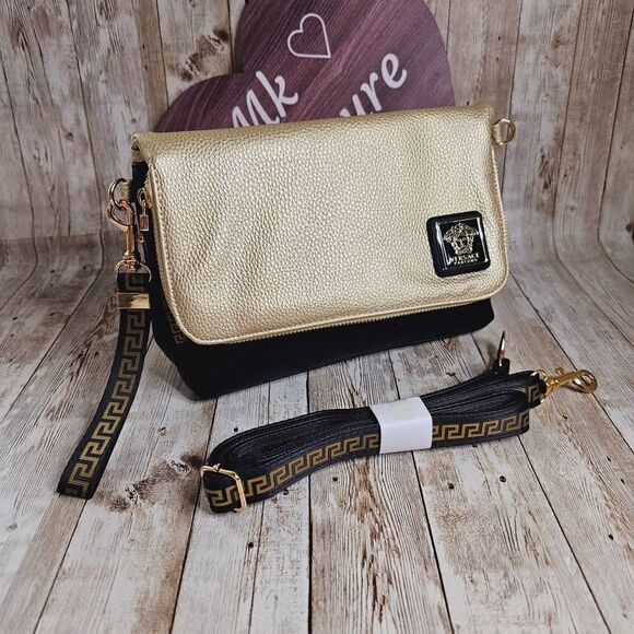 VERSACE Gold Black Faux Leather Clutch Crossbody  Bag - Picture 1 of 9